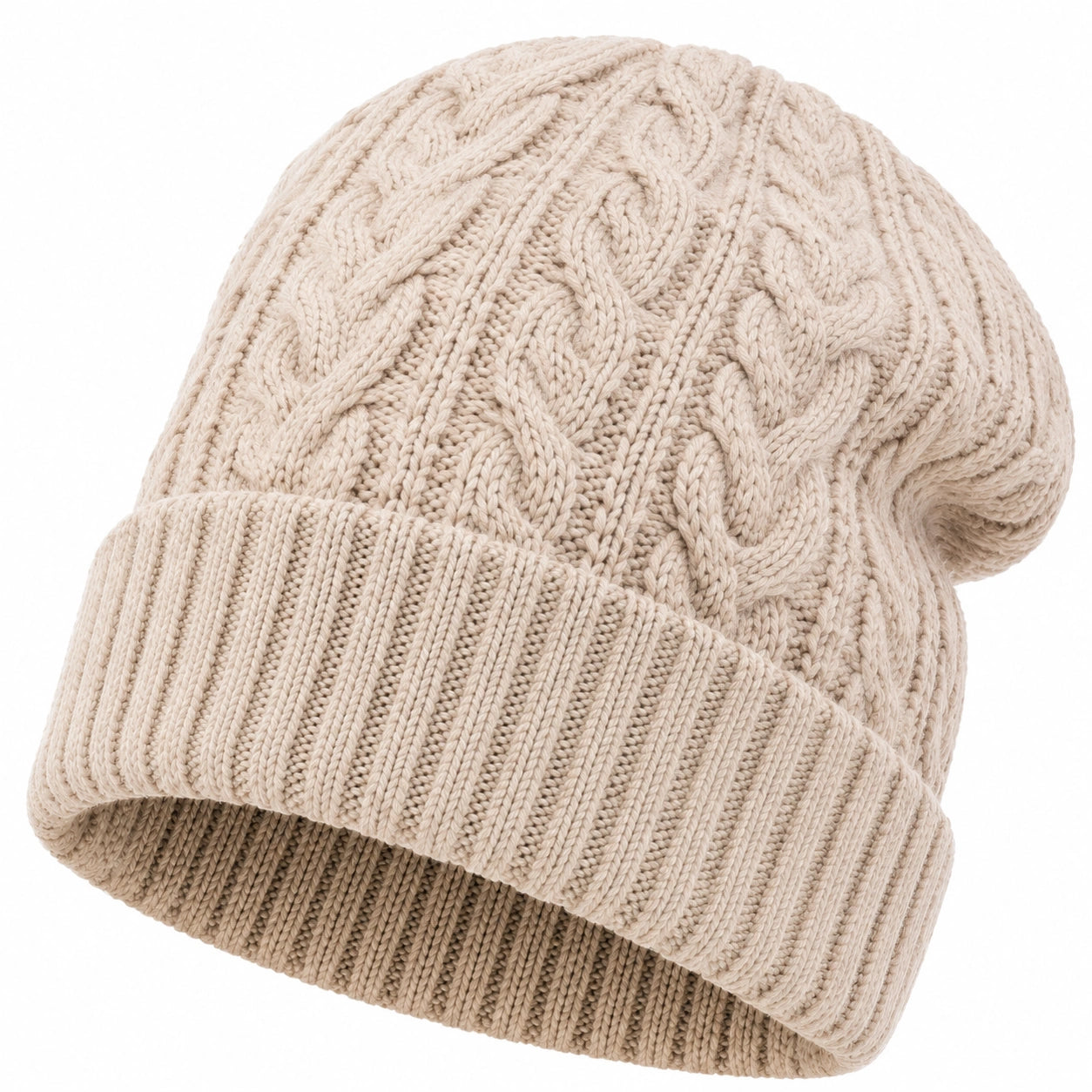 Berretto in maglia taglia unica beige con risvolto e trecce