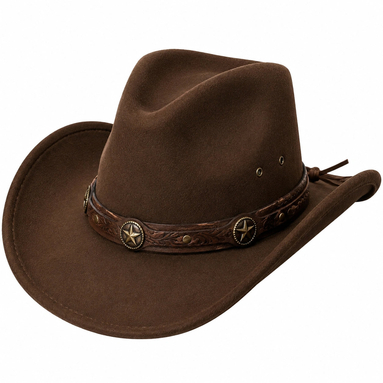 Cappello cowboy taglia unica marrone in tessuto effetto camoscio con fascia decorativa