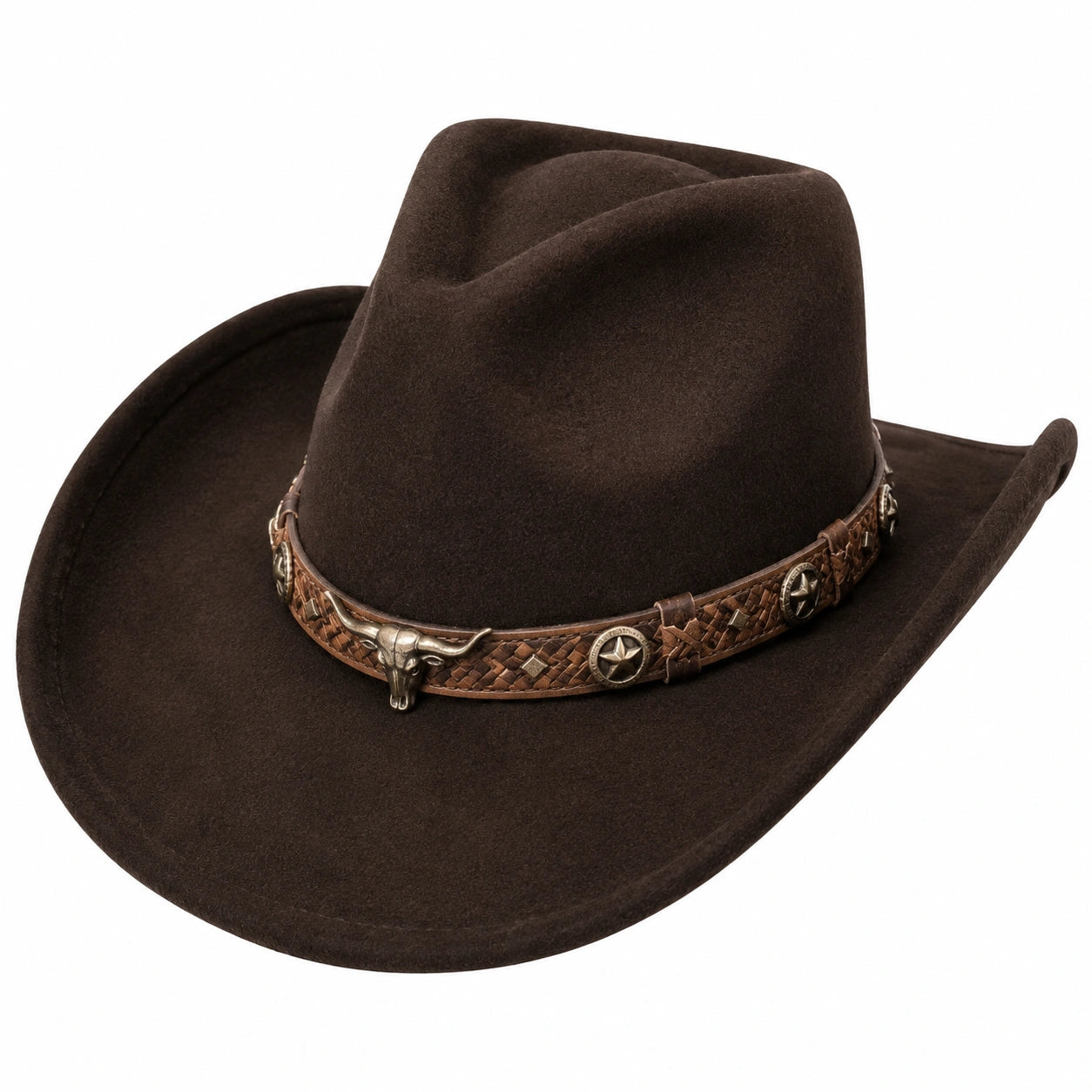 Cappello cowboy taglia unica in feltro marrone con fascia decorativa effetto pelle