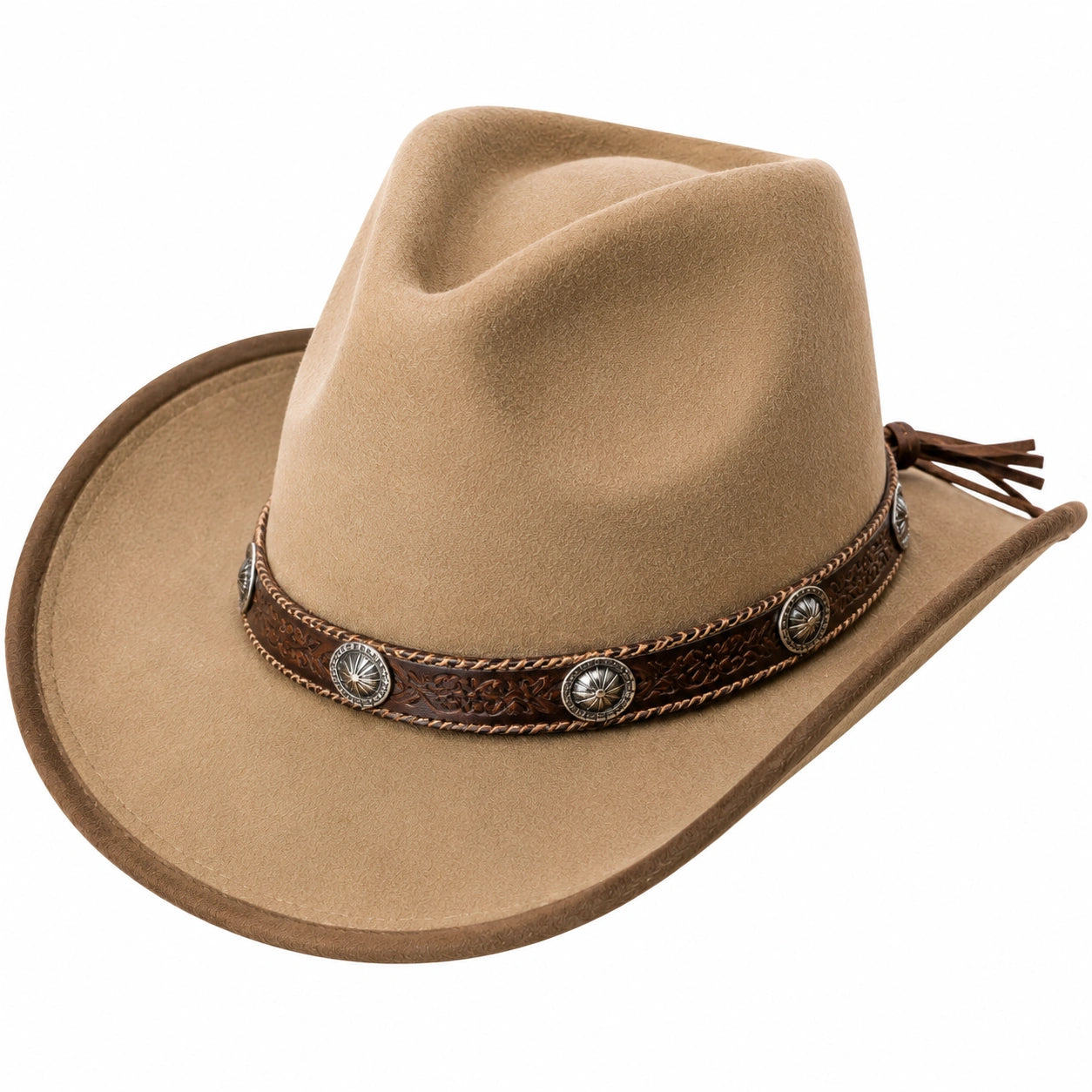 Cappello cowboy taglia unica in tessuto effetto scamosciato beige con fascia decorativa