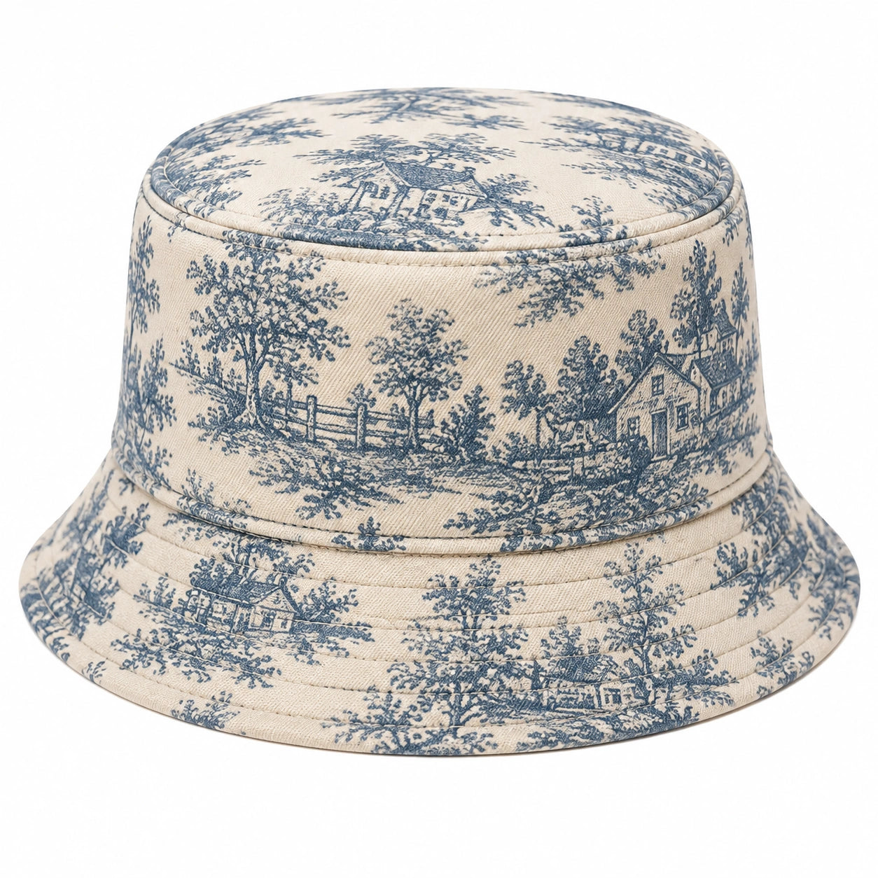 Cappello pescatore taglia unica in tessuto beige e blu con stampa paesaggio stile retrò