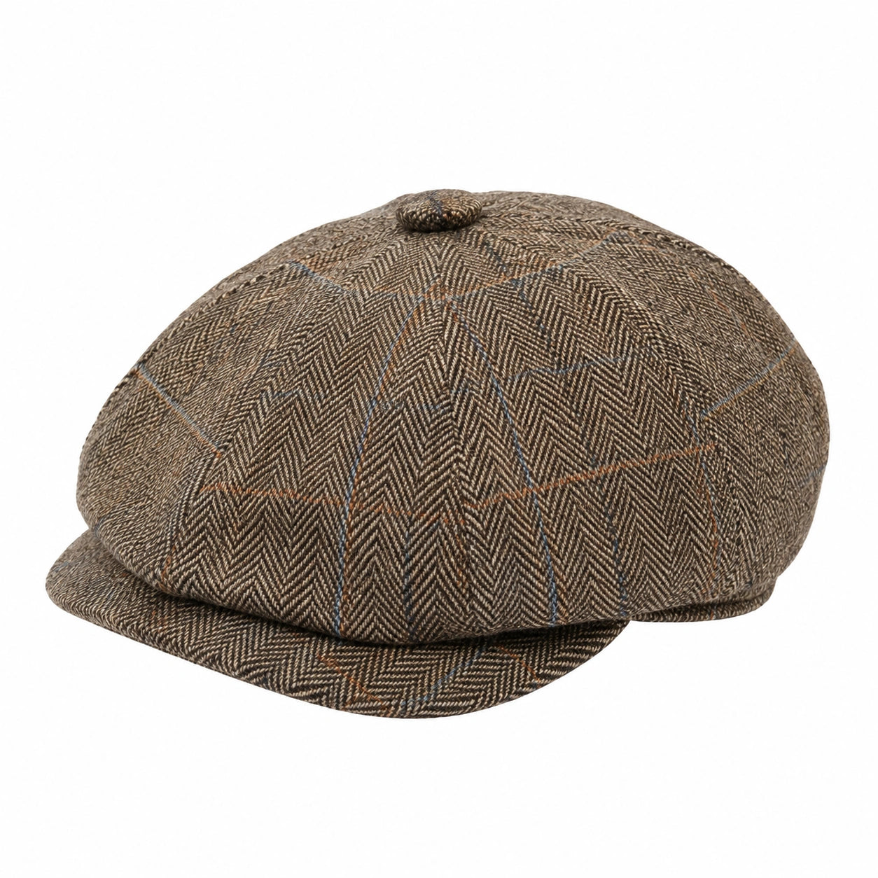 Cappello coppola taglia unica in tessuto marrone a spina di pesce con motivo scozzese