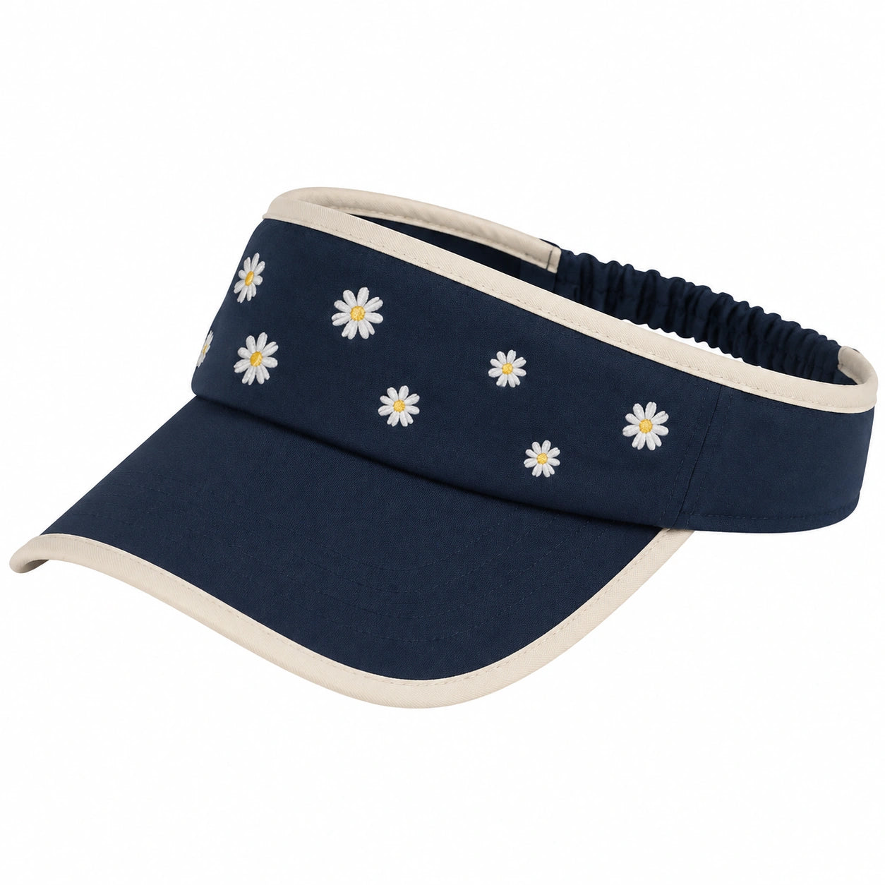 Visiera taglia unica in tessuto blu navy con margherite elasticizzata